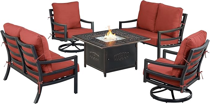 Oakland Living Black Aluminum Patio Fire Table Set with Two Deep Seating Loveseat with Cushions and Two Club Chairs with Red Cushions