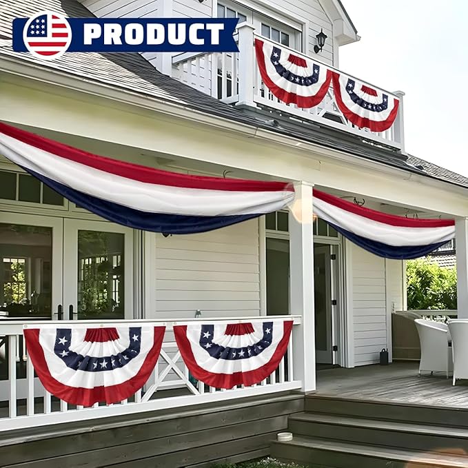 3Pack Pleated Fan Flag, 2x4 Feet Bunting Decoration Flags Embroidered Patriotic Stars & Sewn Stripes Canvas Header Brass Grommets
