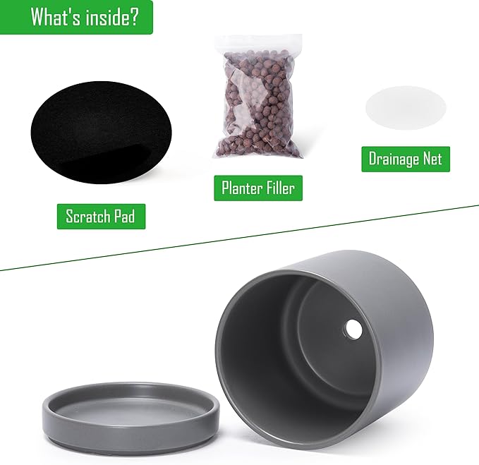 D'vine Dev 3 Inch & 4 Inch & 6 Inch, Set of 3 Round Ceramic Planter Pot with Drainage Hole and Saucer, Grey, 94-T-S-3