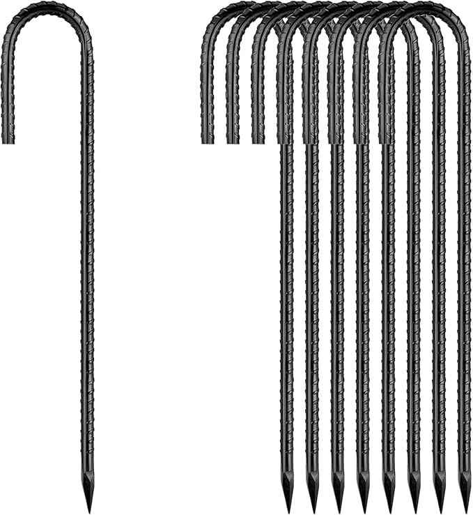 Rebar-Stakes-12Inch,J Hooks Ground Stakes Anchors for Gardening Black Coated Ground Stakes 10pcs Anti-Rust Heavy Duty Dog Fence Fixed Water Pipes Soccer Goals Tent Camping Trampoline