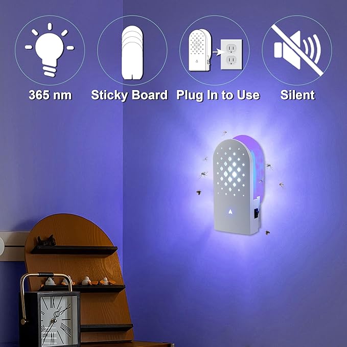 Lulu Home Indoor Flying Insect Trap, 2 Packs Plug-in Bug Light Catcher with 10 Reversible Sticky Pads, 365nm Wavelength Attracting Mosquitos, Moths, Fruit Flies, Gnats and More for Home & Office