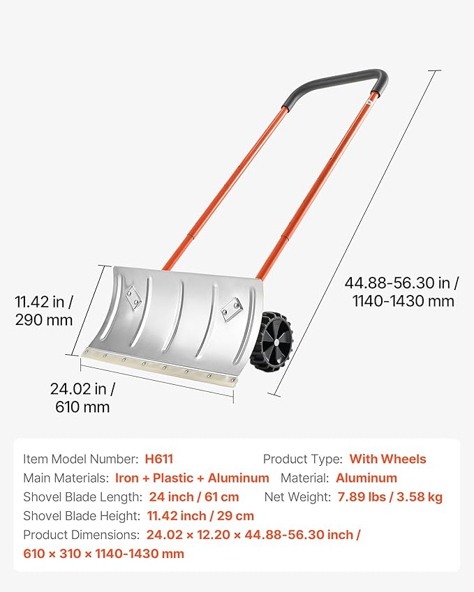 VEVOR 24 inch Snow Pusher Shovel with Wheels, Metal Heavy Duty Wheeled Push Snow Shovels for Driveway