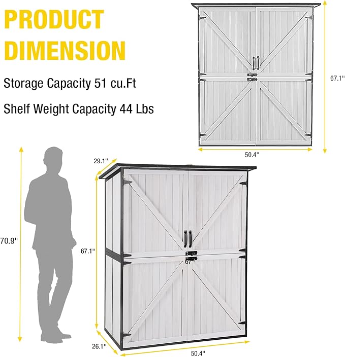 Aivituvin Outdoor Storage Shed with Floor, Garden Tool House with Metal Frame Structure, Large Wooden Cabinet with Adjustable Shelves for Backyard Garden Patio (White)