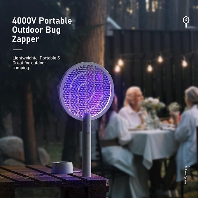 Electric Fly Swatter Racket, Mosiller 2 in 1 Smart Bug Zapper with USB Rechargeable Base, Powerful Mosquitoes Trap Lamp & Fly Killer with 3-Layer Safety Mesh for Home, Bedroom, Kitchen, Patio（1 Pack）