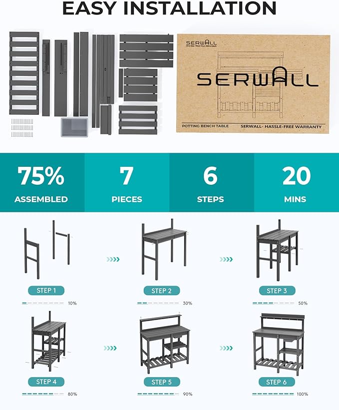 SERWALL Potting Bench Outdoor Potting Table with Sink, HDPE Potting Benches for Outside Gardening Table All Weather Use- Gray