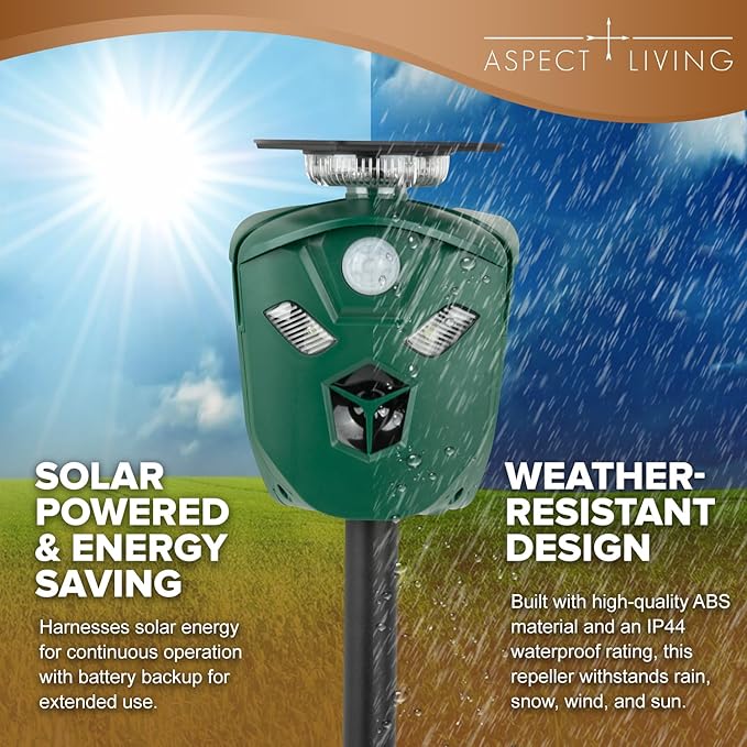 360° Ultrasonic Animal Repeller Outdoor – Solar & USB Powered with 3 PIR Motion Sensors & 6 Flashing Lights, Waterproof Cat, Deer, Raccoon, Dog & Rabbit Deterrent for Yard & Garden