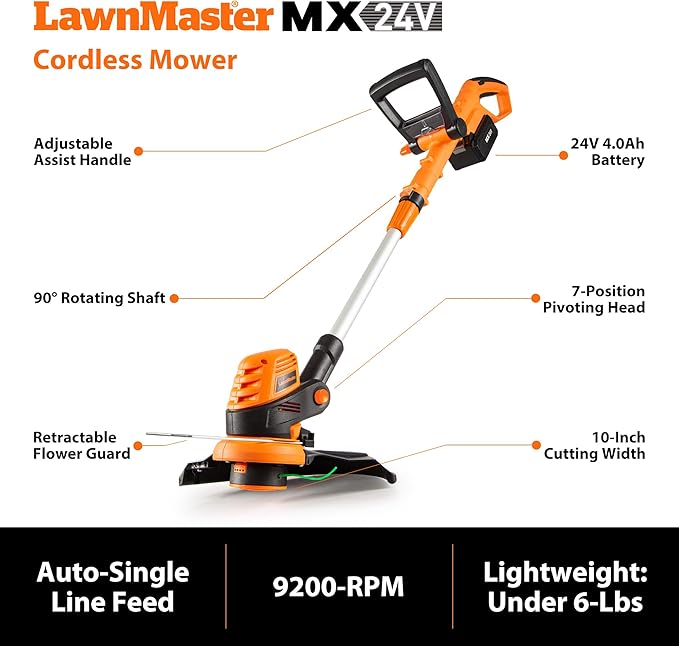 LawnMaster 20VMWGT 24V Max 13-inch Lawn Mower and Grass Trimmer 10-inch Combo with 2x4.0Ah Batteries and Charger