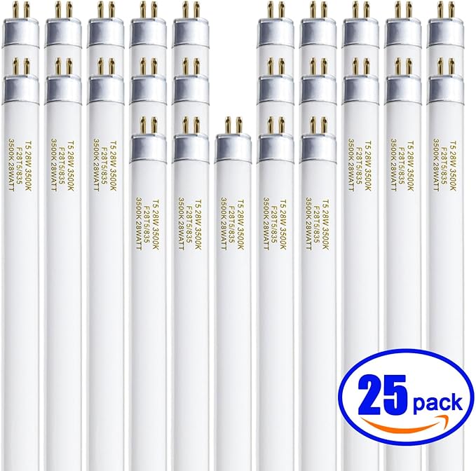 T5 28 Watts Fluorescent Light Bulb, 46 Inch T5 Fluoerscent Tube Compatible with Philips F28T5/835/ALTO, Sylvania FP28/835/ECO, 3500K Soft White Mini Bi-Pin Base G5, 2800 Lumens CRI 85 25 Pack