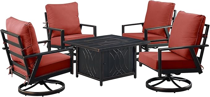 Oakland Living Black Aluminum Patio Fire Table Set with Four Club Chairs with Red Cushions