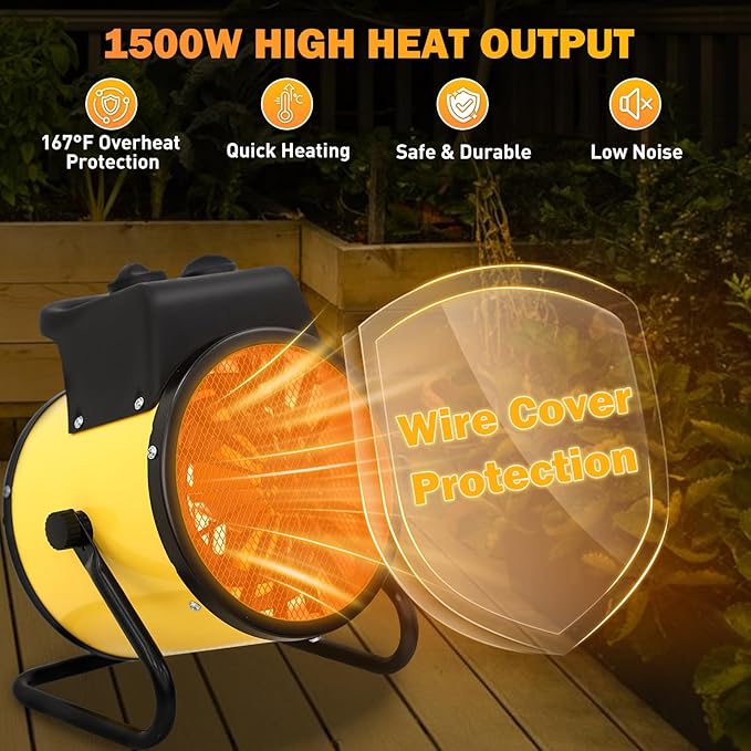 COOS BAY 1500W Outdoor Space Heater with Thermostat, Electric Greenhouse Heater for Grow Tent, Garage, RV, Shed, Radiant Heat, IPX4 Water-Resistant, Overheat Protection, 2 Pack, Yellow