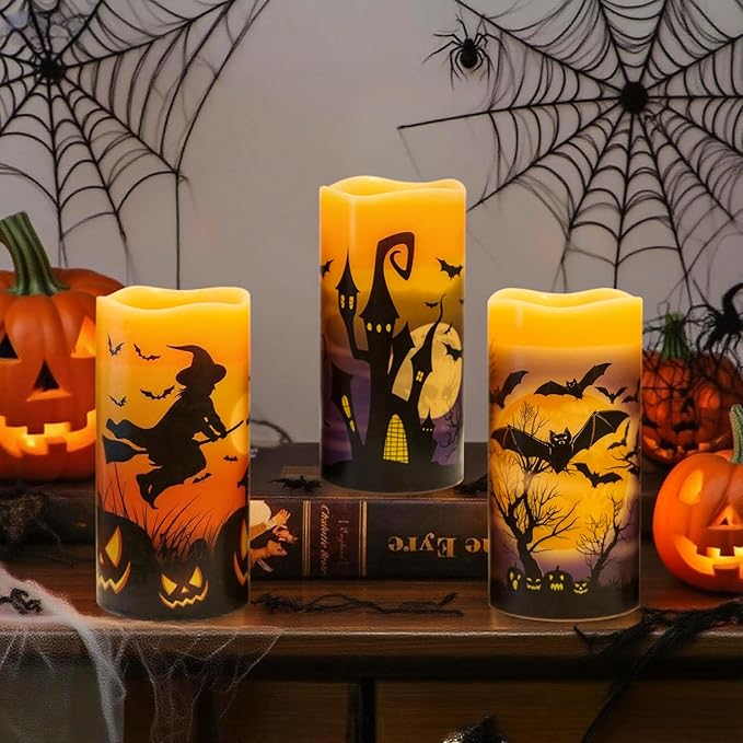 DRomance Rechargeable Halloween Flameless Candles Battery Operated with 6 Hour Timer Real Wax Flickering LED Pillar Candles Bats Witch Pumpkin Dinner Halloween Indoor Deocration(3 Pack, 3" D x 6" H)