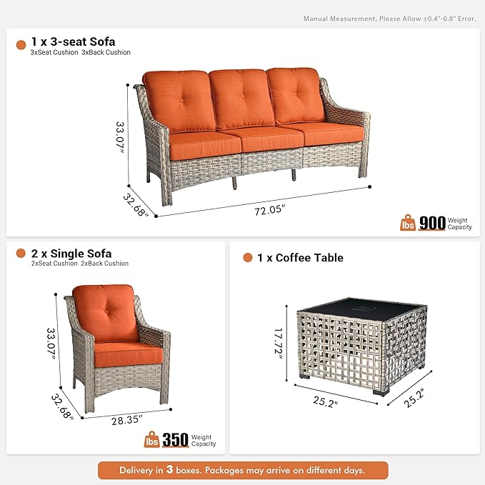 4 Pieces Patio Outdoor Furniture Set,All Weather Wicker Rattan Patio Seating Sofa and Chair Set w/ 3-Seater Sofa and Glowing Coffee Table,Outdoor Conversation Sets for Deck Yard Garden,Orange Red