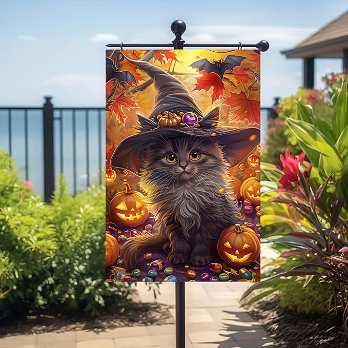 Halloween Cat Garden Flag Fall Garden Flags for Outside 12x18 Double Sided Autumn Harvest Pumpkin Yard Flags Fall Cute Kitten Garden Flag Fit Well With Any Outdoor