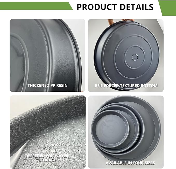 6 Pack 10-Inch Gray Plant Saucer Trays, Heavy Duty Plastic PP Pot Bases for Medium & Large Flower Pots, Durable Water Catcher Plates & Drip Trays for Indoor Outdoor Gardening Use
