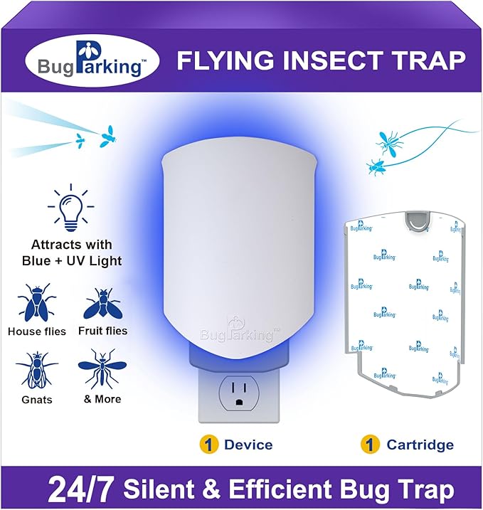 Flying Insect Trap for Indoors: Light Trap Captures Fruit Flies, Gnats, and Houseflies, BUG PARKING 1 Device and 1 Cartridge Refill Silent Bug Catcher with UV Light for Indoor-Plants, Kitchen