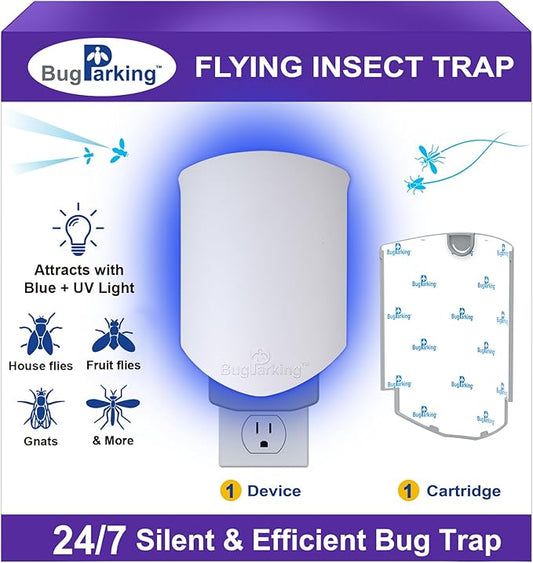 Flying Insect Trap for Indoors: Light Trap Captures Fruit Flies, Gnats, and Houseflies, BUG PARKING 1 Device and 1 Cartridge Refill Silent Bug Catcher with UV Light for Indoor-Plants, Kitchen