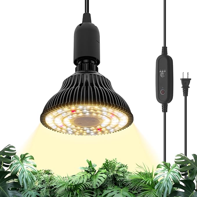 Hanging Grow Light for Indoor Plants Full Spectrum, Black Plant Bulb with Optical Lens for Enhanced PPFD, Pendant Grow Light with Timer, 16.4 FT Power Cord, Perfect for Tall Plants and Flowers