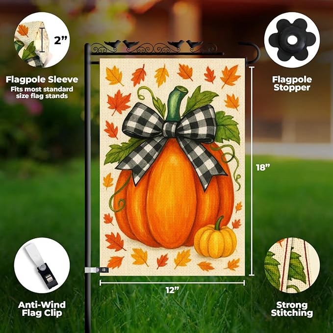 Fall Pumpkin Garden Flag 12x18 Double Sided Burlap – Front Yard Flag for Outside, Weatherproof Autumn Outdoor Decor, Farmhouse Garden Flag Welcome, Vibrant Colors, Fade Resistant