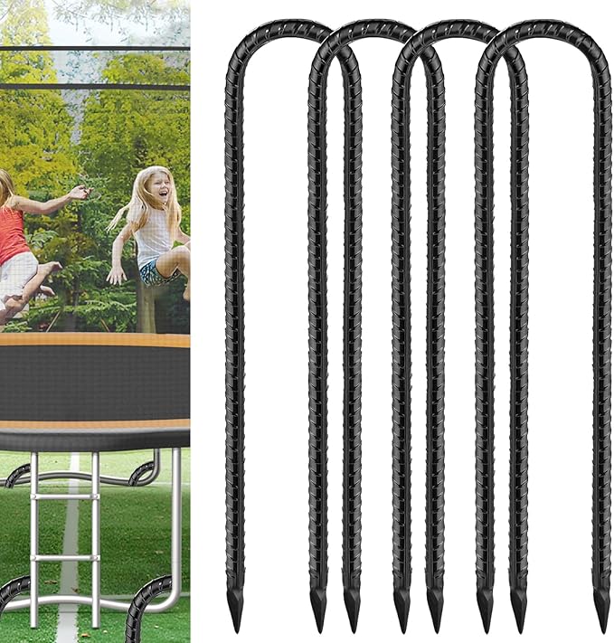 Black Trampoline Stakes Anchors High Wind 12inx6mm Galvanized U Hook 4pcs Rebar Stakes – Heavy Duty Ground Anchors for Trampoline,Yard & Inflatable,Landscape Metal Stakes for Outdoor Decorations