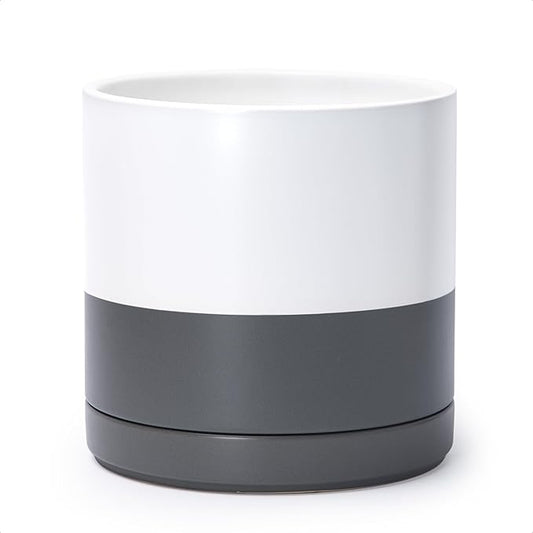 D'vine Dev 10 Inch Ceramic Planter Pot with Drainage Hole and Saucer, Indoor Cylinder Round Planter Pot, White/Speckled Grey, 94-O-E-6