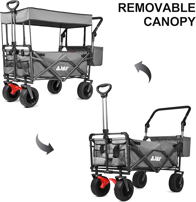 Collapsible Canopy Wagon - Heavy Duty Utility Outdoor Foldable Garden Cart - with Adjustable Push Pulling Handles,Big Wheels for Sand, for Shopping, Picnic, Camping, Sports - Grey