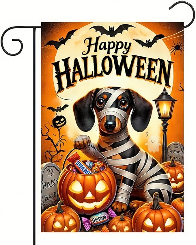 Garden Flags for Outside 12x18 Inch Double Sided - Halloween Trick or Treat Dachshund Dog Skeleton Decorations - Small Outdoor Yard Flag