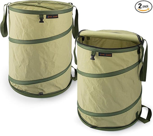 YUDI & GARDEN 29 Gallon Hard Bottom Collapsible Trash Can｜Collapsible Garden Bag｜Camping Trash Can, Green 2-Pack for Collecting Weeds or Party and Yard Waste