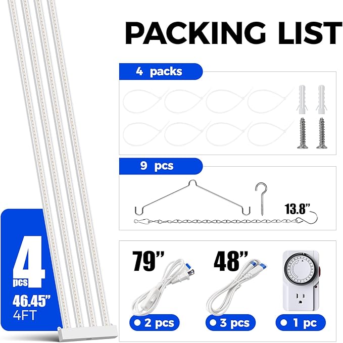 Barrina TX-L84 4FT LED Grow Light, 336W (4 x 84W), 4 Panel Wider Coverage, Full Spectrum, High PPFD, Mechanical Timer, Linkable, Hanging Light, Plant Stand with Grow Light for Indoor, Seeding, 4 Packs