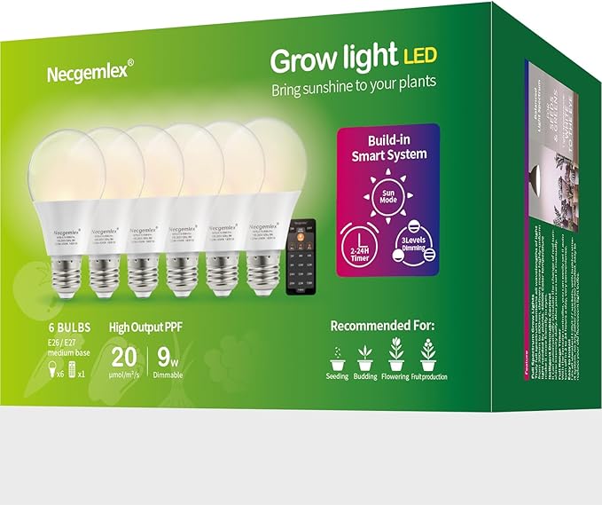 Smart LED Grow Light Bulbs with Remote Controller, Sun Simulation Mode, Built-in Auto Timer, A21/A70 E26/E27 9W Dimmable Full Spectrum Intelligent Plant Grow Bulbs for Indoor Plants, 6 Pack
