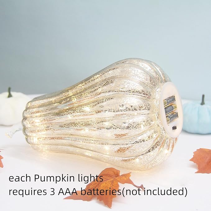 Mercury Glass Pumpkin Lights with Timer, Battery Operated Led Pumpkin Lights for Halloween Fall,Thanksgiving Rustic Decor (Silver Common, 11")