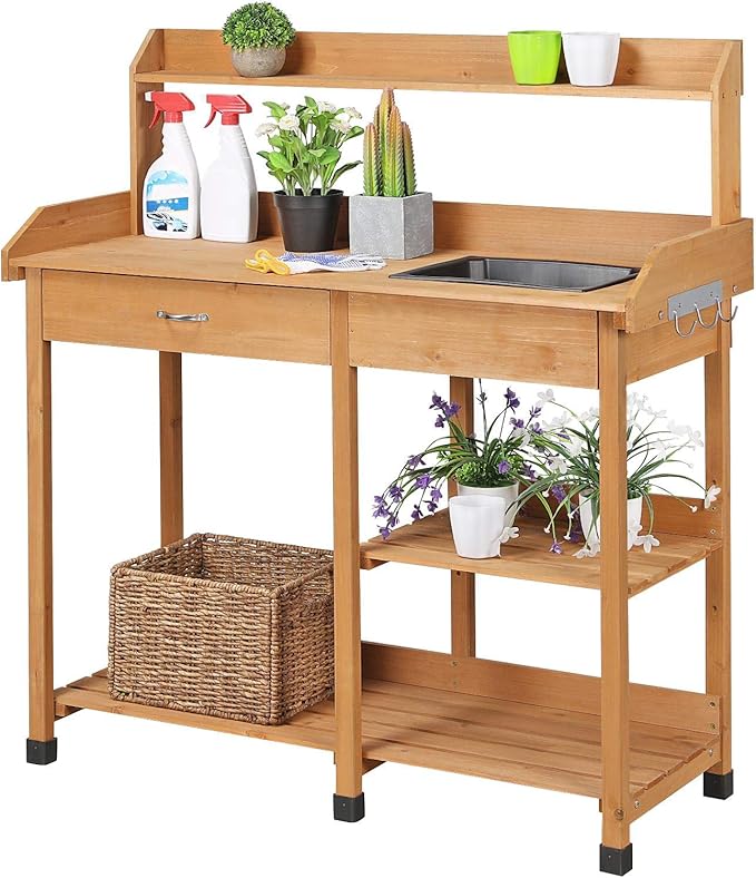 Yaheetech Potting Bench Outdoor Garden Work Bench Station Planting Solid Wood Construction for Horticulture w/Sink Drawer Rack Shelves Natural Wood