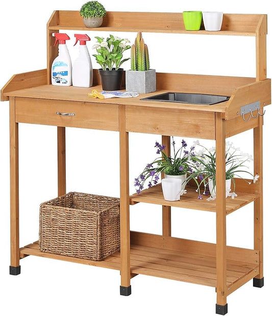 Yaheetech Potting Bench Outdoor Garden Work Bench Station Planting Solid Wood Construction for Horticulture w/Sink Drawer Rack Shelves Natural Wood