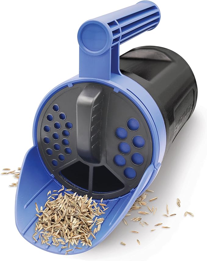 Snow Joe SJSPD1 Handheld All-Season Multi-Purpose Spreader, 5 lbs, w/Adjustable Dial Flow Control, for Ice Melt, Grass Seed and More, Blue/Black