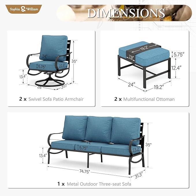 Sophia & William Patio Furniture Sets for 5 Outdoor Metal Conversation Sets 5 Pcs with 2 x Cushioned Swivel Sofa Chairs, 2 x Ottomans as Coffee Table, 1 x 3-Seat Sofa, Lawn Backyard Poolside Navy