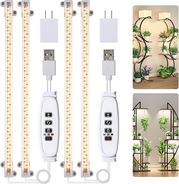 Two Strip Growing Lamp for Indoor Plants, 3500K Full Spectrum LED Grow Light Strips with Auto ON/Off 3/9/12H Timer & 10 Dimmable Levels for Green House Succulent (2 Headx2 Pack)