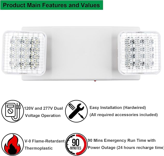 LIT-PaTH LED Emergency Lighting Fixtures with 2 LED Heads and Back Up Batteries- US Standard Exit Light, UL 924 and CEC Qualified, 120/277 Voltage, 2-Pack