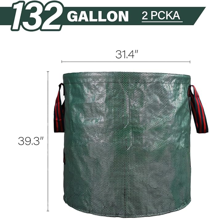 2 Pack 132 Gallon Reusable Yard Waste Bags, Collapsible Heavy Duty Leaf Bags, Lawn and Leaf Garden Bags with 4 Handles, Camping Yard Recycling Bin for Debris Leaves Grass Clippings