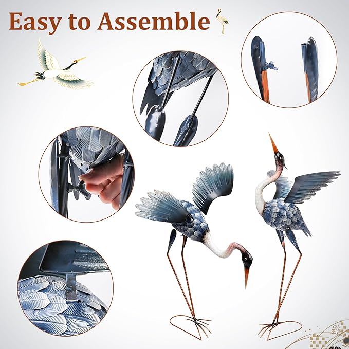 MUMTOP Crane Garden Statues for Outside, 2 Pack Blue Heron Garden Sculpture Statue, Large Bird Yard Art for Backyard Pond Patio Porch Decoration