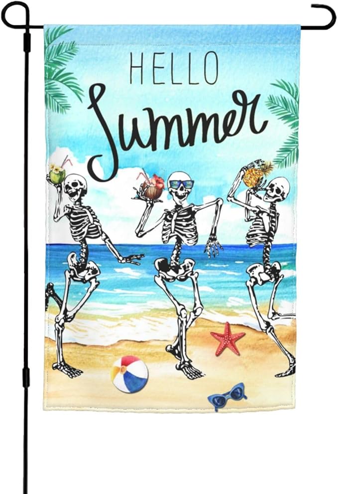Hello Summer Skeleton Funny Skull Summer Coastal Hawaii Tropical Ocean Garden Flag Welcome Party Outdoor Outside Decorations Picks Home House Garden Yard Decor 12x18 Inch