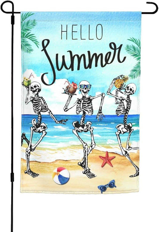 Hello Summer Skeleton Funny Skull Summer Coastal Hawaii Tropical Ocean Garden Flag Welcome Party Outdoor Outside Decorations Picks Home House Garden Yard Decor 12x18 Inch