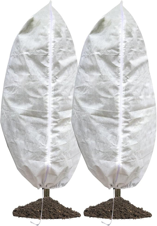 2 Packs Plant Covers Freeze Protection, 47"W X 70"H Large Frost Blankets 2.47oz/yd² with Zipper Drawstring, Reusable Frost Cloth Winter Tree Covers Shrub Jackets for Outdoor Plants Fruit Tree Potted