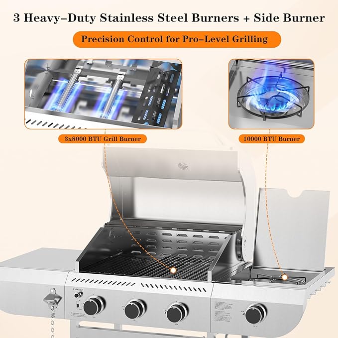 G31Pro Gas Grill,Heavy-Duty Stainless Steel Propane Gas Grill.3 Burner Gas Grill with Side Burner,34000 BTU BBQ Grill for Outdoor Cooking,Barbecue,Garden and Patio Backyard