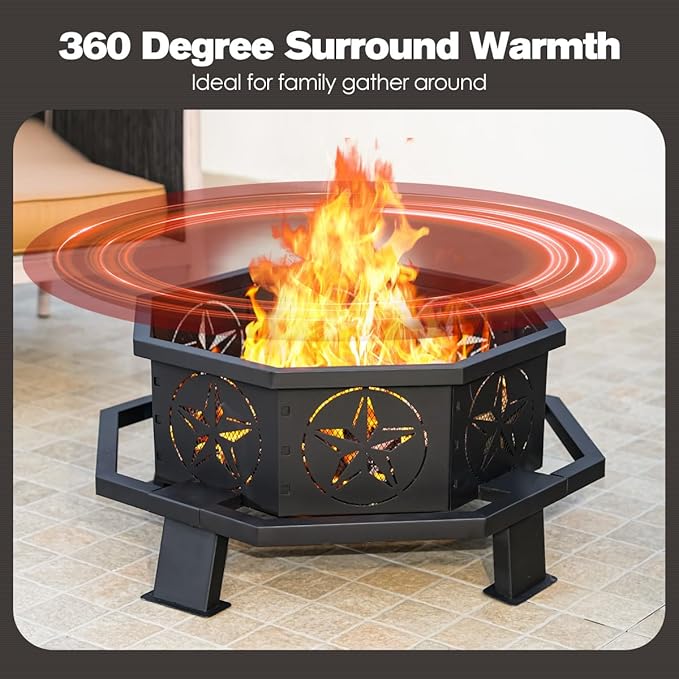 32 Inch Octagonal Outdoor Fire Pit,Wood Burning Fire Pit with Fire Poker,Firepits for Outside Bonfire,Camping,Backyard, Garden,Patio