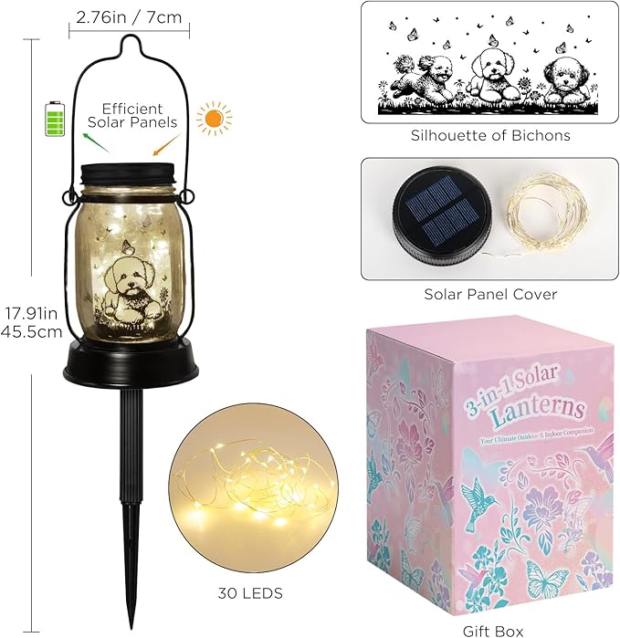 kyoryuger Bichon Dog Gifts for Women/Men Bichon Frise Solar Lanterns Birthday Dog Lovers Lantern Pet Loss Dog Memorial Lights Solar Garden Decoration for Yard, Patio,Backyard,Porch Torches Light