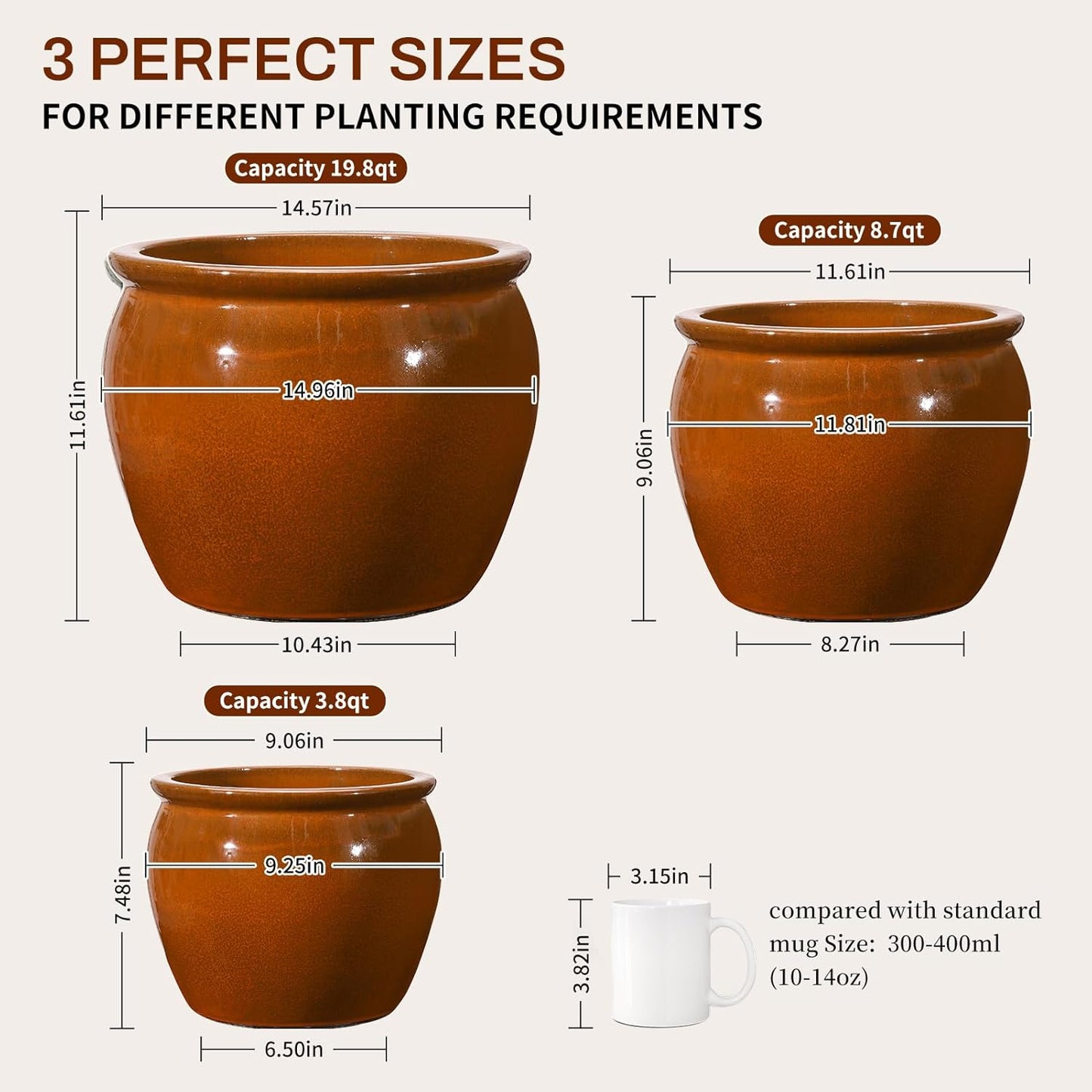 Ceramic Plant Pots Set of 3,9+11.6+14.6 Inch Flower Planters with Drainage Holes Indoor Outdoor, 19.8/8.7/3.8 Qt Capacity, Terracotta Brown Glaze