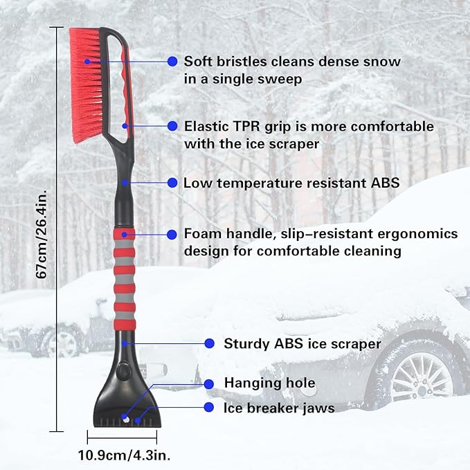 Snow Brush and Ice Scraper for Car Windshield,26.4" Window Scraper Deicer for Car SUV and Truck,Ice Scrapers and Brushes 2 in 1,Winter Car Automotive Exterior Accessories(1Pack Red)
