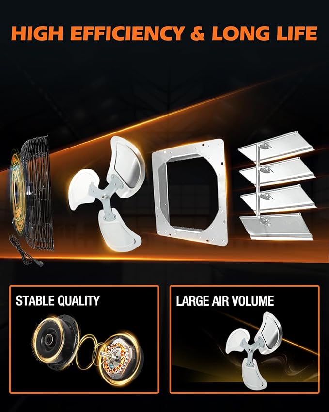 JVO 18 Inch Shutter Exhaust Fan - 2600 CFM High Velocity Wall Mounted Ventilator, 1.8m Power Cord, Auto Shutters - for Garage, Attic, Greenhouse, Shed, Shop, Workshop & Industrial Ventilation