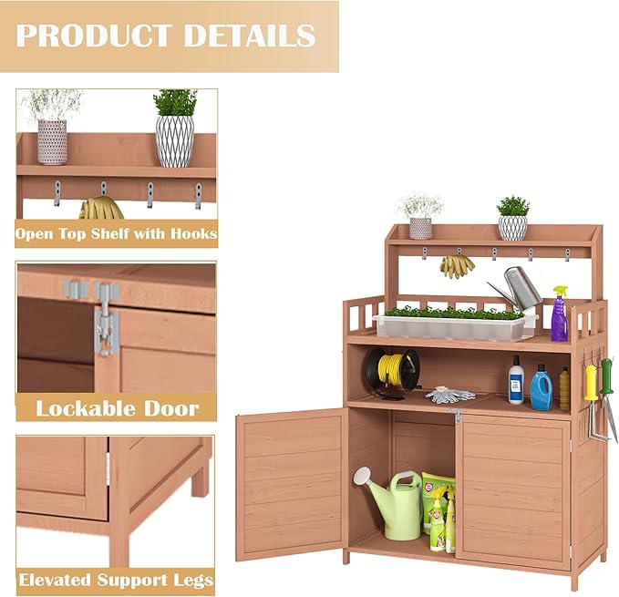 Outdoor Brown Wood Potting Bench - Spacious Gardening Table with Storage Cabinet & Top Shelf - Ideal for Planting and Organizing Your Garden!