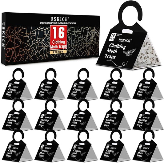 USKICH Clothes Moth Traps with Strength Pheromones |Sticky Glue Trap for Closets and Carpet Moths |Clothing Moth Traps for Feathers, Fur, Wool |Lure, Trap and Kill Case-Bearing Webbing Moths(16 Pack)