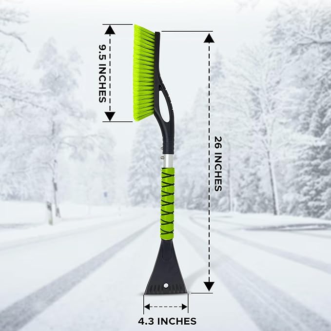 27" Snow Brush and Ice Scrapers for Car Windshield (1 Pack), Window Ice and Snow Scraper with Ergonomic Foam Grip, Snow Windshield Scraper with Aluminum Body, Winter Car Accessories (Green)